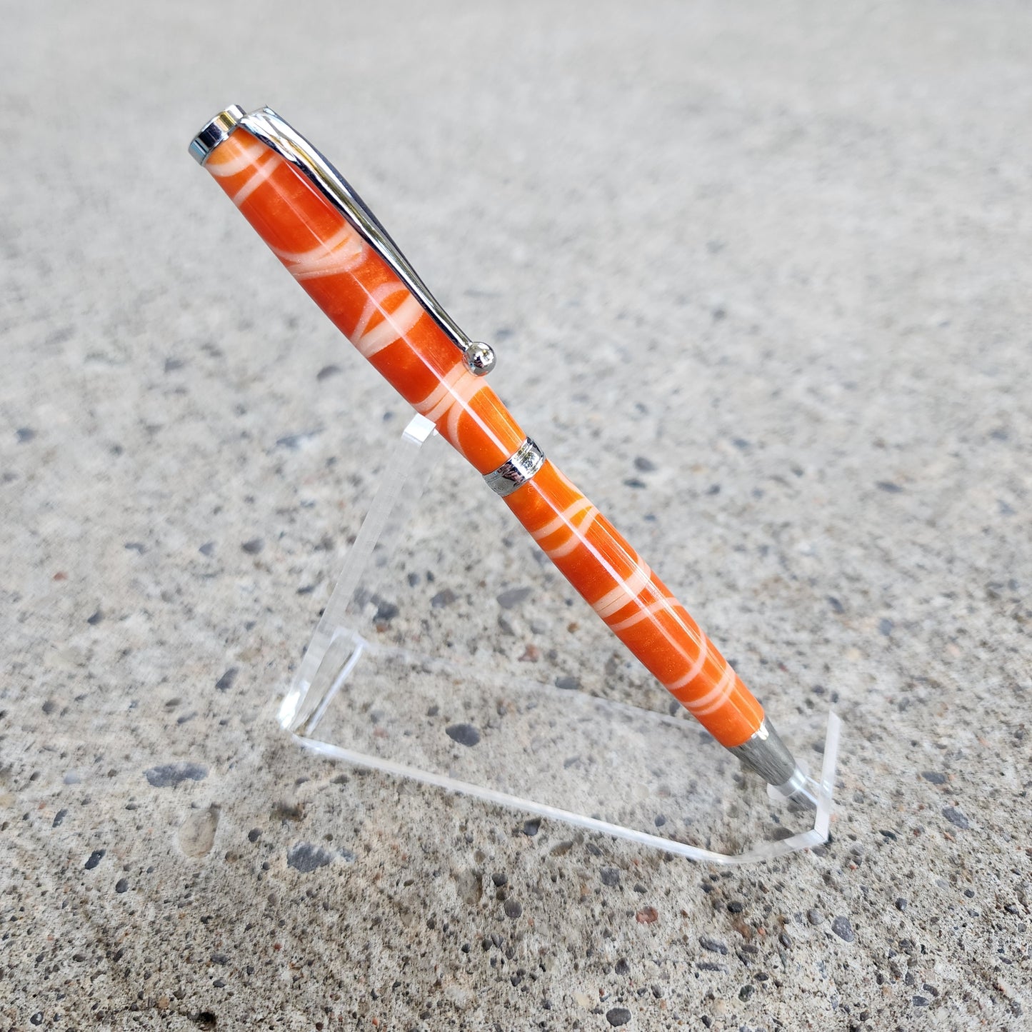 Custom Hand Turned Ballpoint Pen - Orange/White Swirl