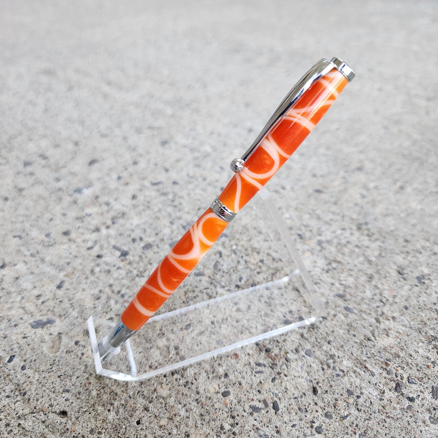 Custom Hand Turned Ballpoint Pen - Orange/White Swirl