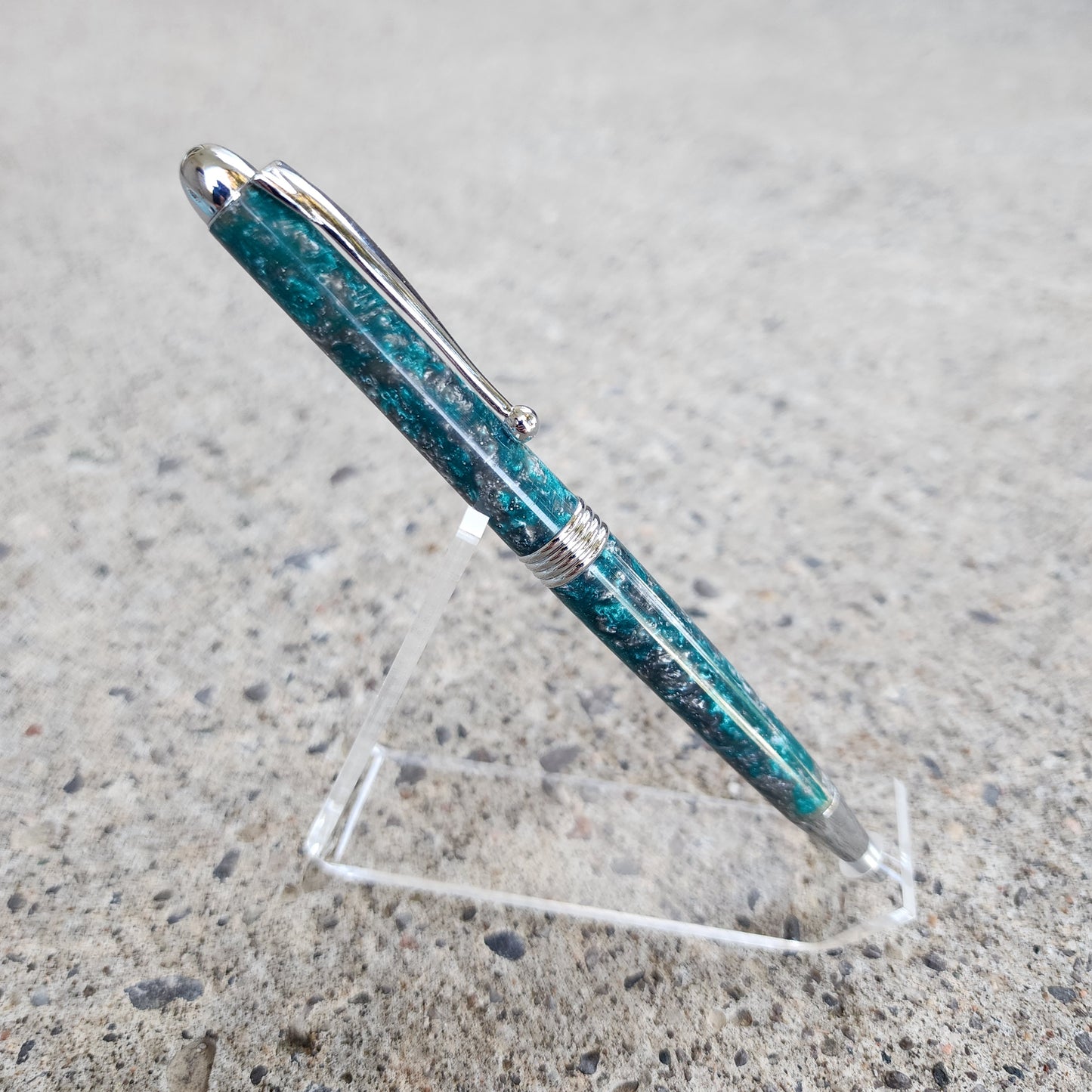Custom Hand Turned Ballpoint Pen - Teal/Silver