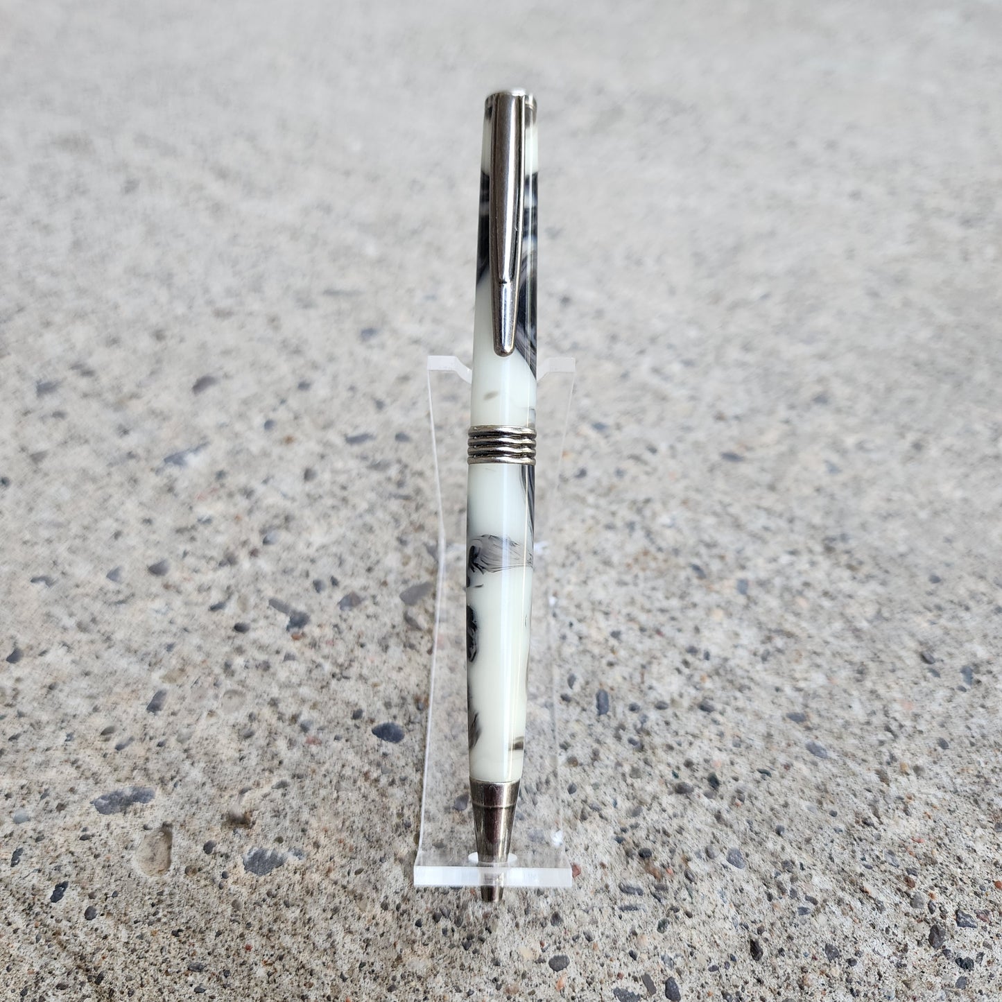 Custom Hand Turned Ballpoint Pen - White/Black Smoke 2