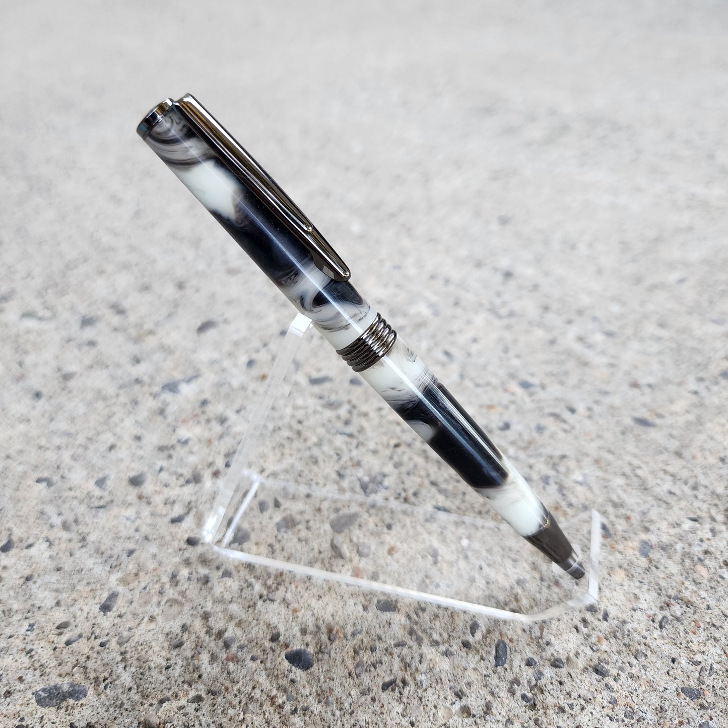 Custom Hand Turned Ballpoint Pen - White/Black Smoke 3