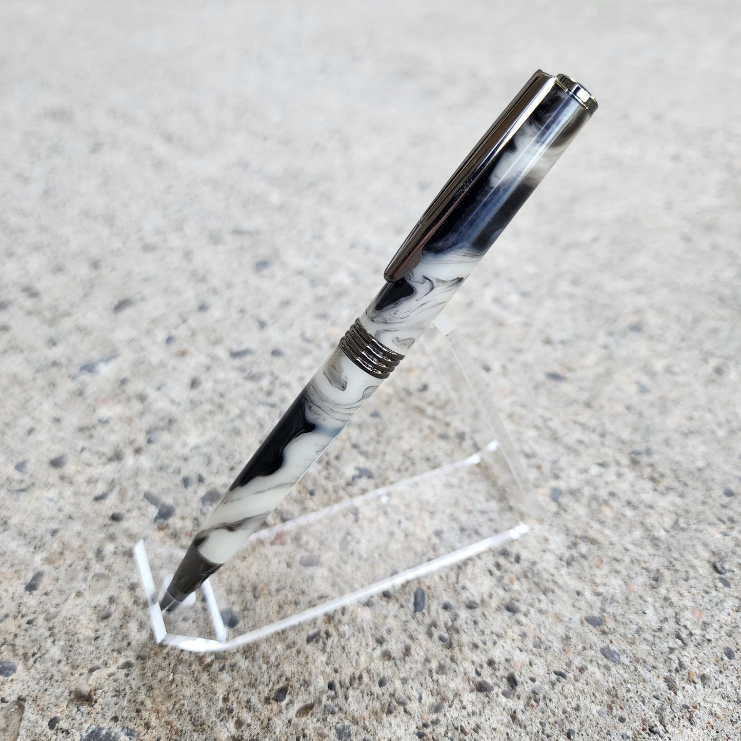 Custom Hand Turned Ballpoint Pen - White/Black Smoke 3