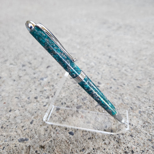 Custom Hand Turned Ballpoint Pen - Teal/Silver