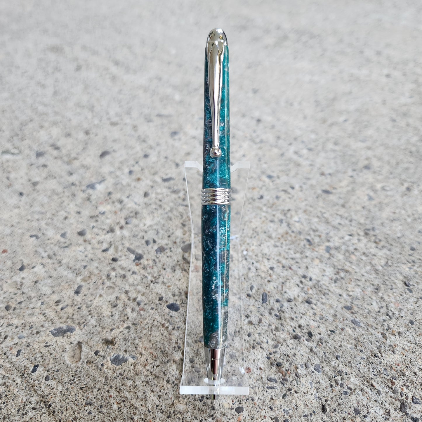Custom Hand Turned Ballpoint Pen - Teal/Silver