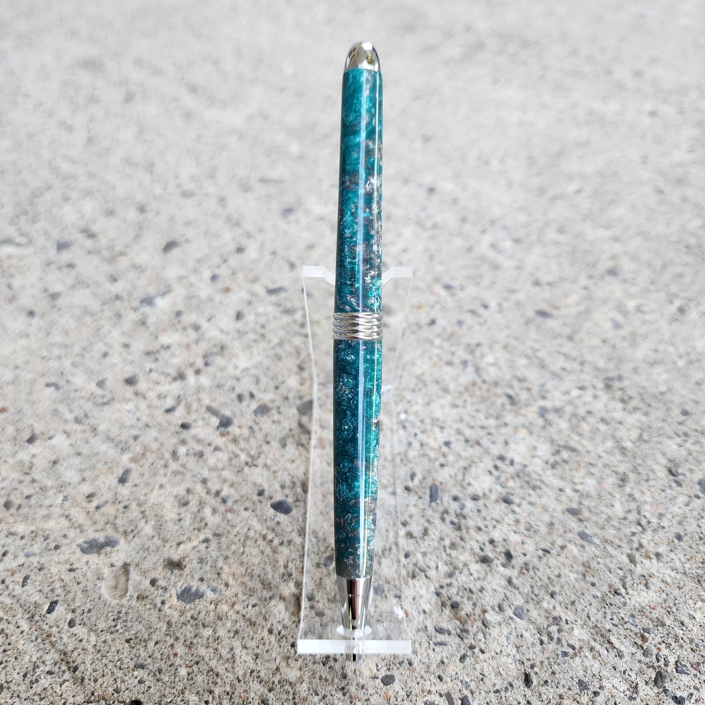 Custom Hand Turned Ballpoint Pen - Teal/Silver