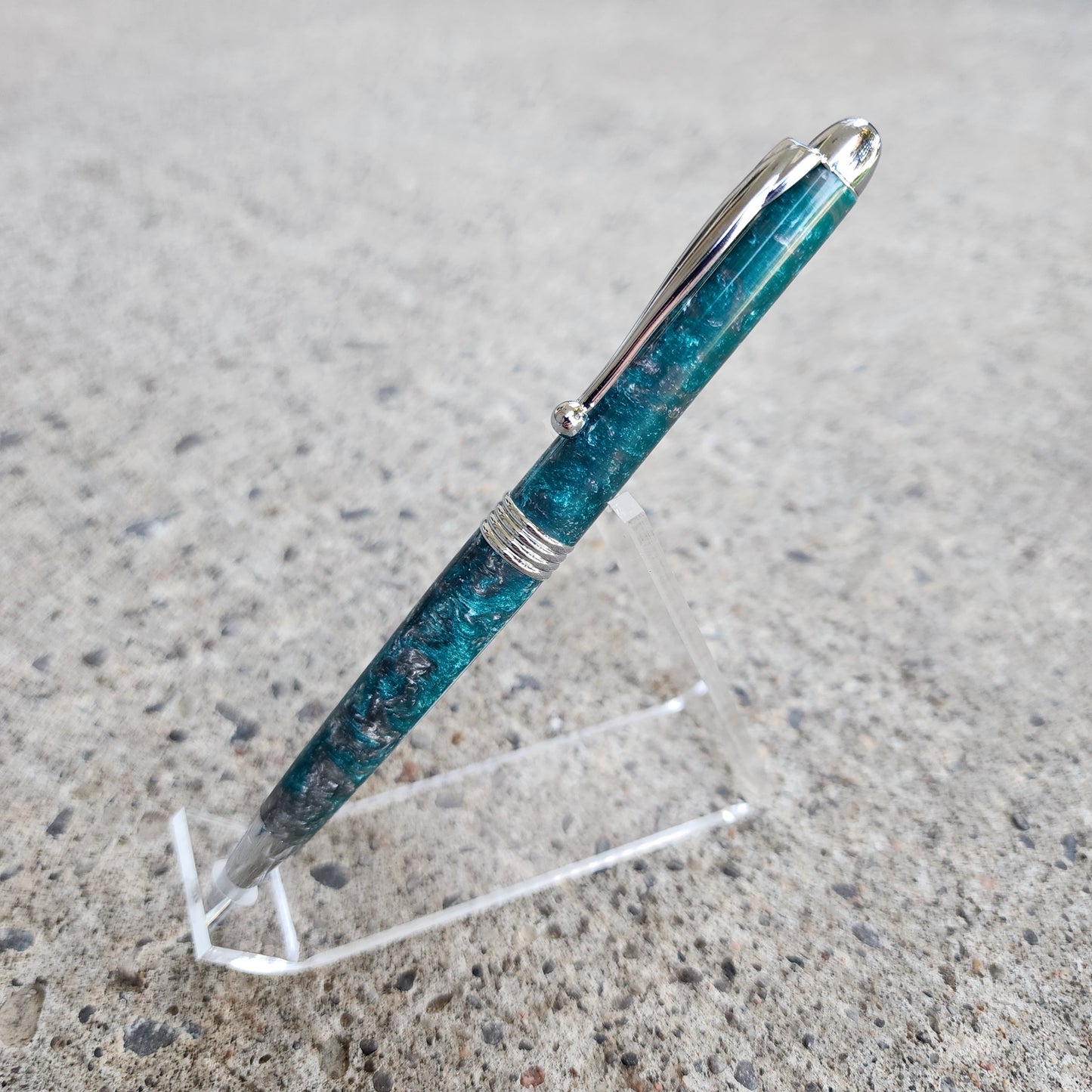 Custom Hand Turned Ballpoint Pen - Teal/Silver