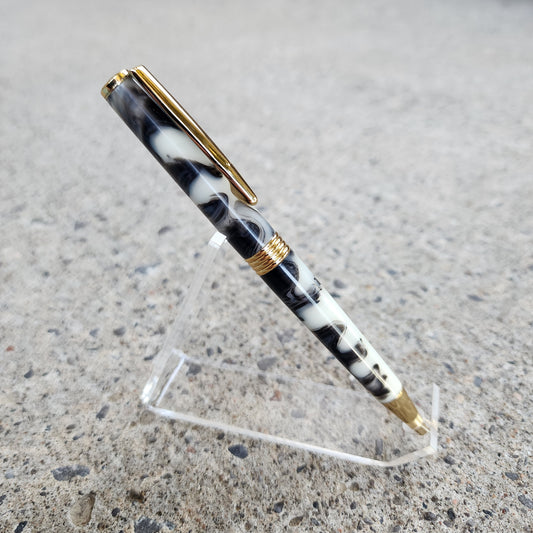 Custom Hand Turned Ballpoint Pen - Black/White Smoke