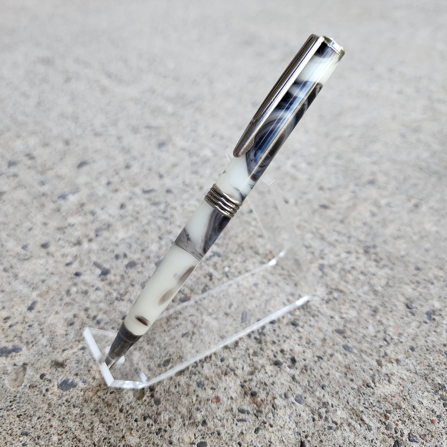 Custom Hand Turned Ballpoint Pen - White/Black Smoke 2