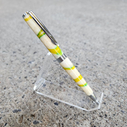 Custom Hand Turned Ballpoint Pen - White/Green-Yellow Swirl