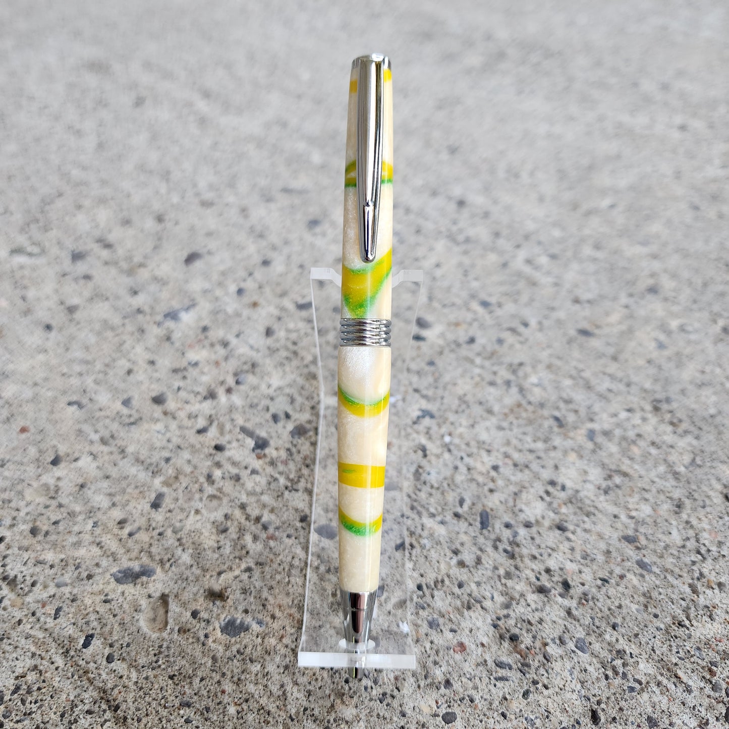Custom Hand Turned Ballpoint Pen - White/Green-Yellow Swirl