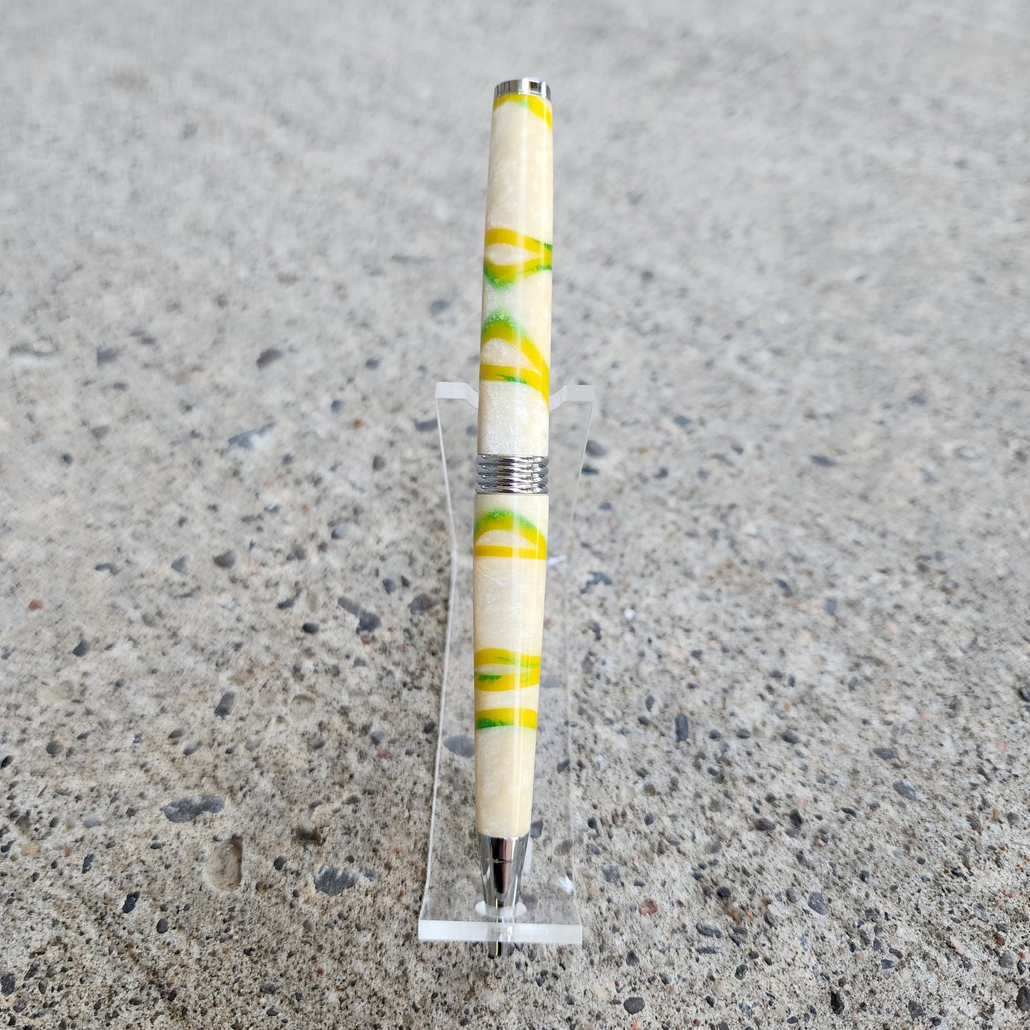 Custom Hand Turned Ballpoint Pen - White/Green-Yellow Swirl