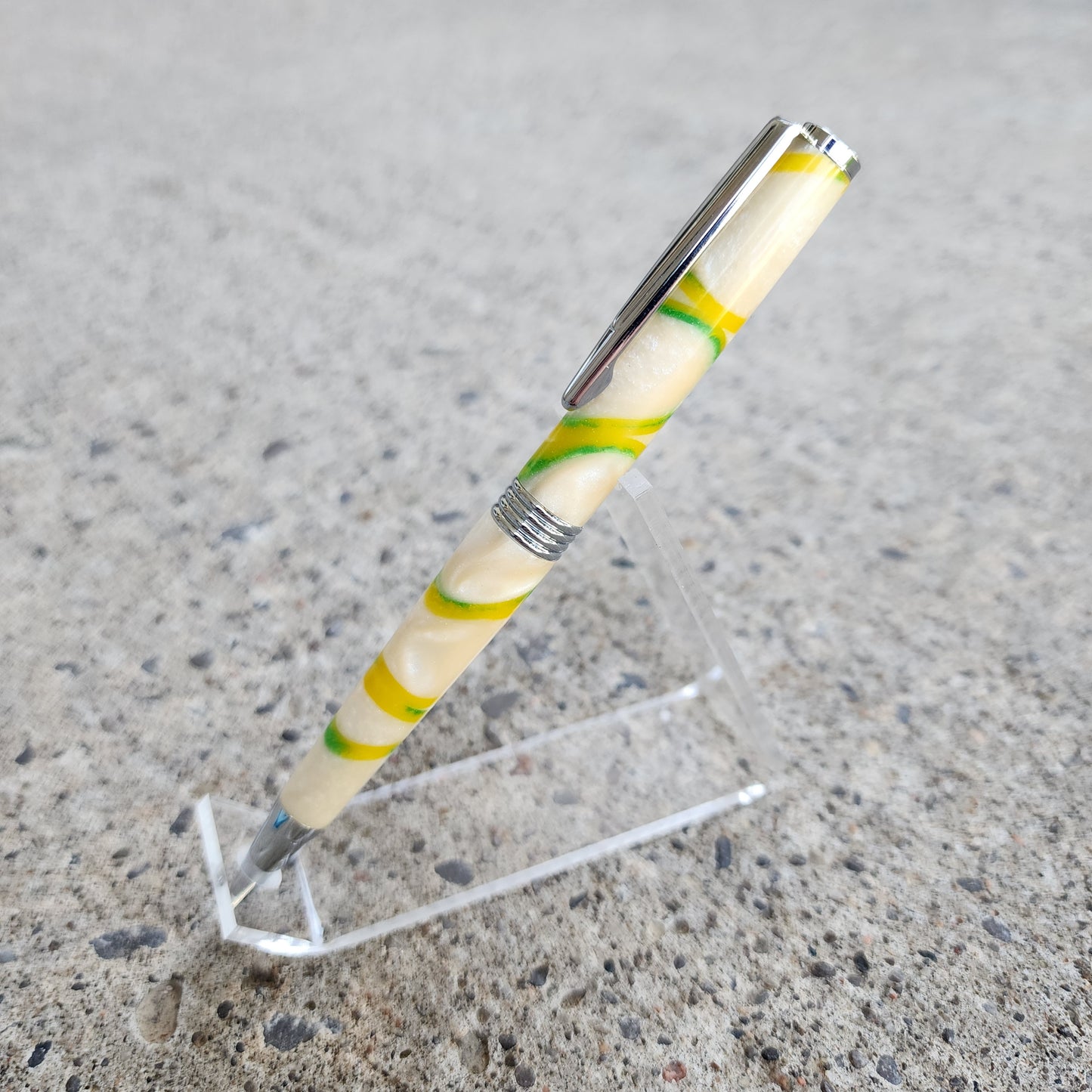 Custom Hand Turned Ballpoint Pen - White/Green-Yellow Swirl
