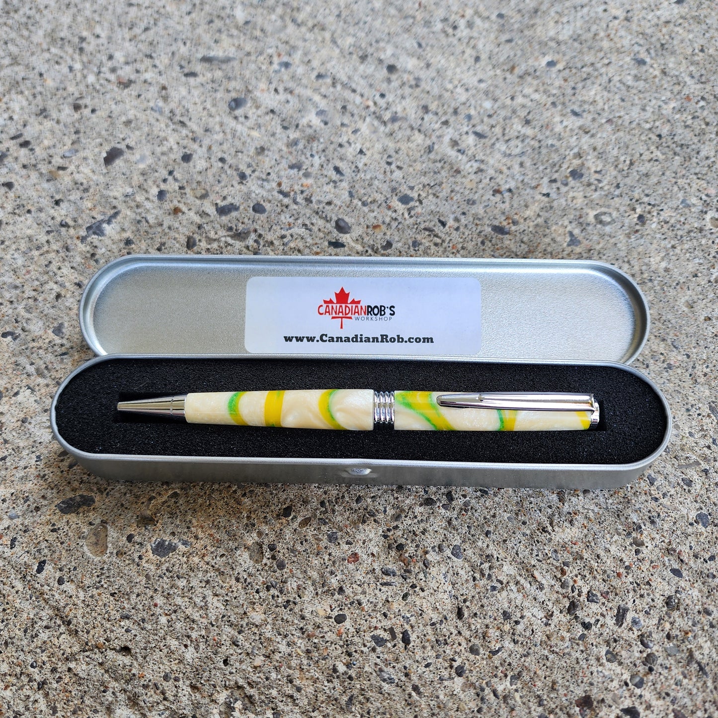Custom Hand Turned Ballpoint Pen - White/Green-Yellow Swirl