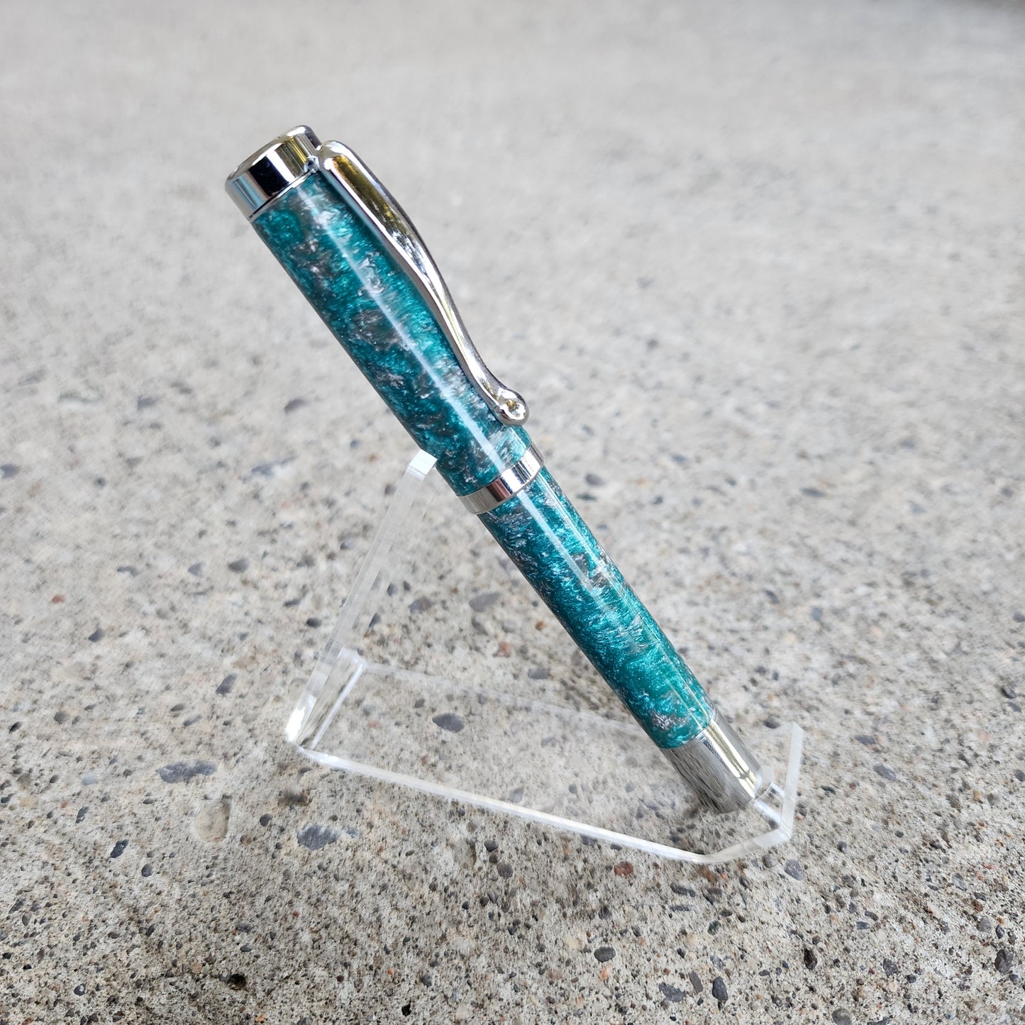 Custom Hand Turned Fountain Pen - Teal/Silver