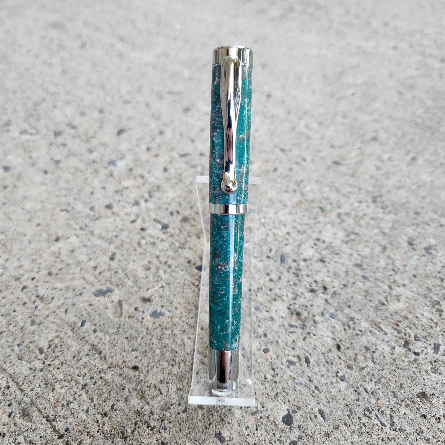 Custom Hand Turned Fountain Pen - Teal/Silver