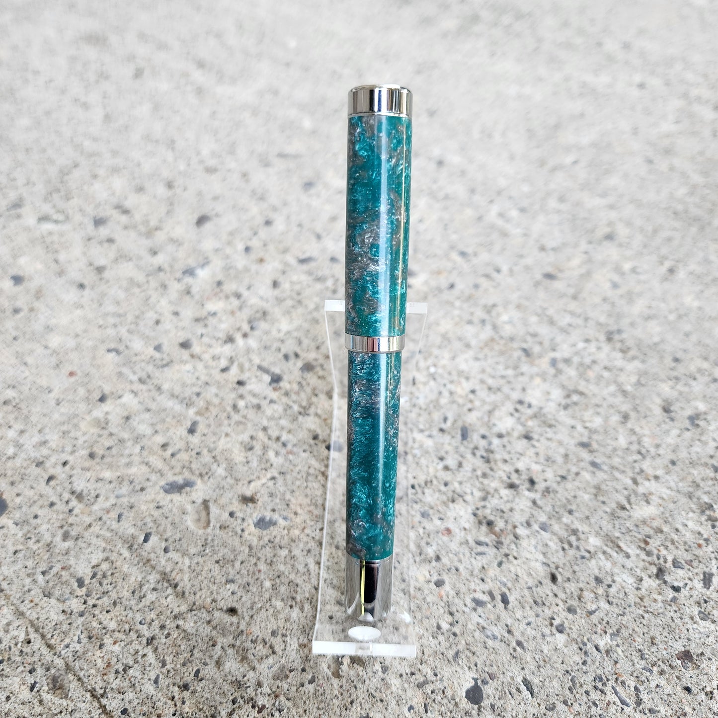 Custom Hand Turned Fountain Pen - Teal/Silver