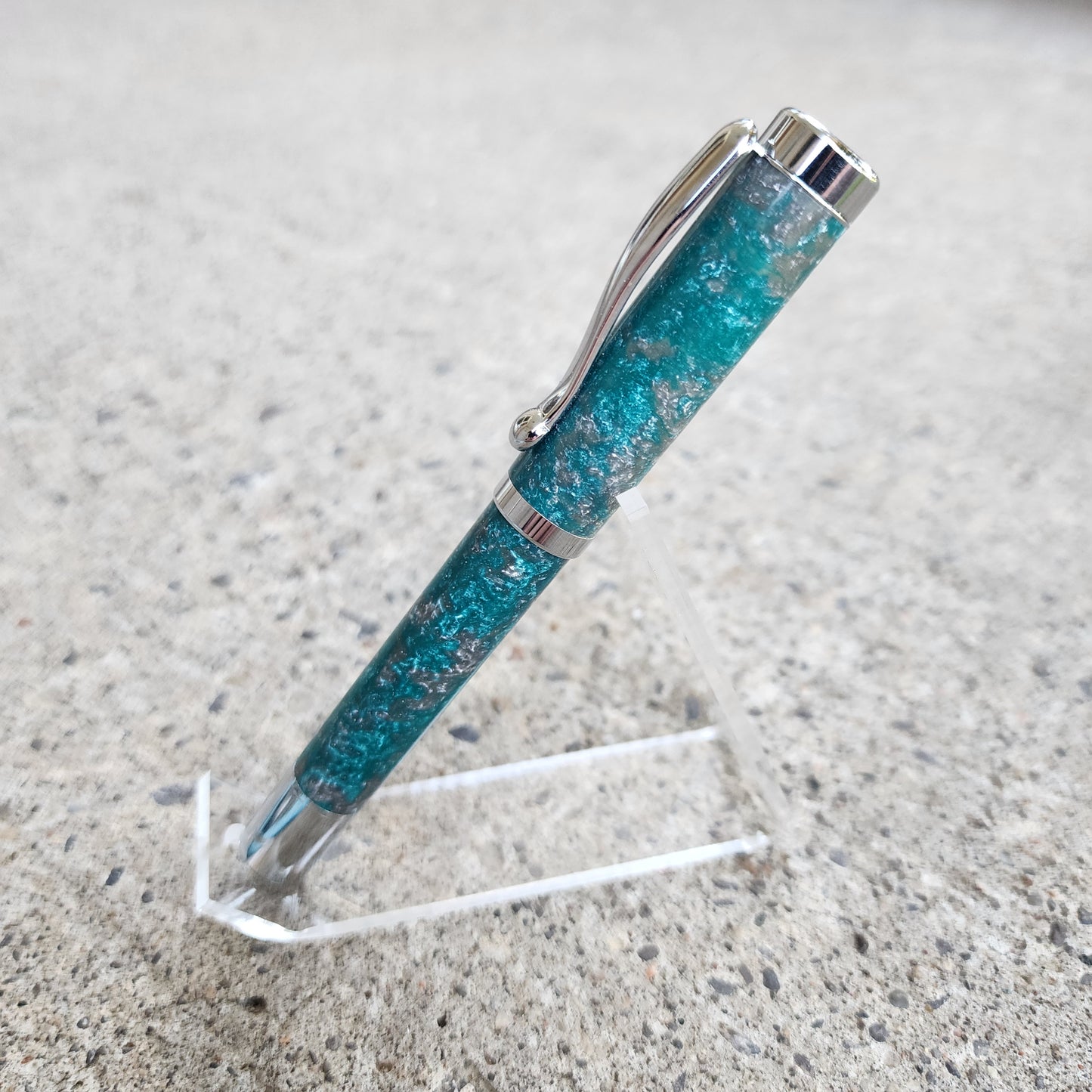 Custom Hand Turned Fountain Pen - Teal/Silver