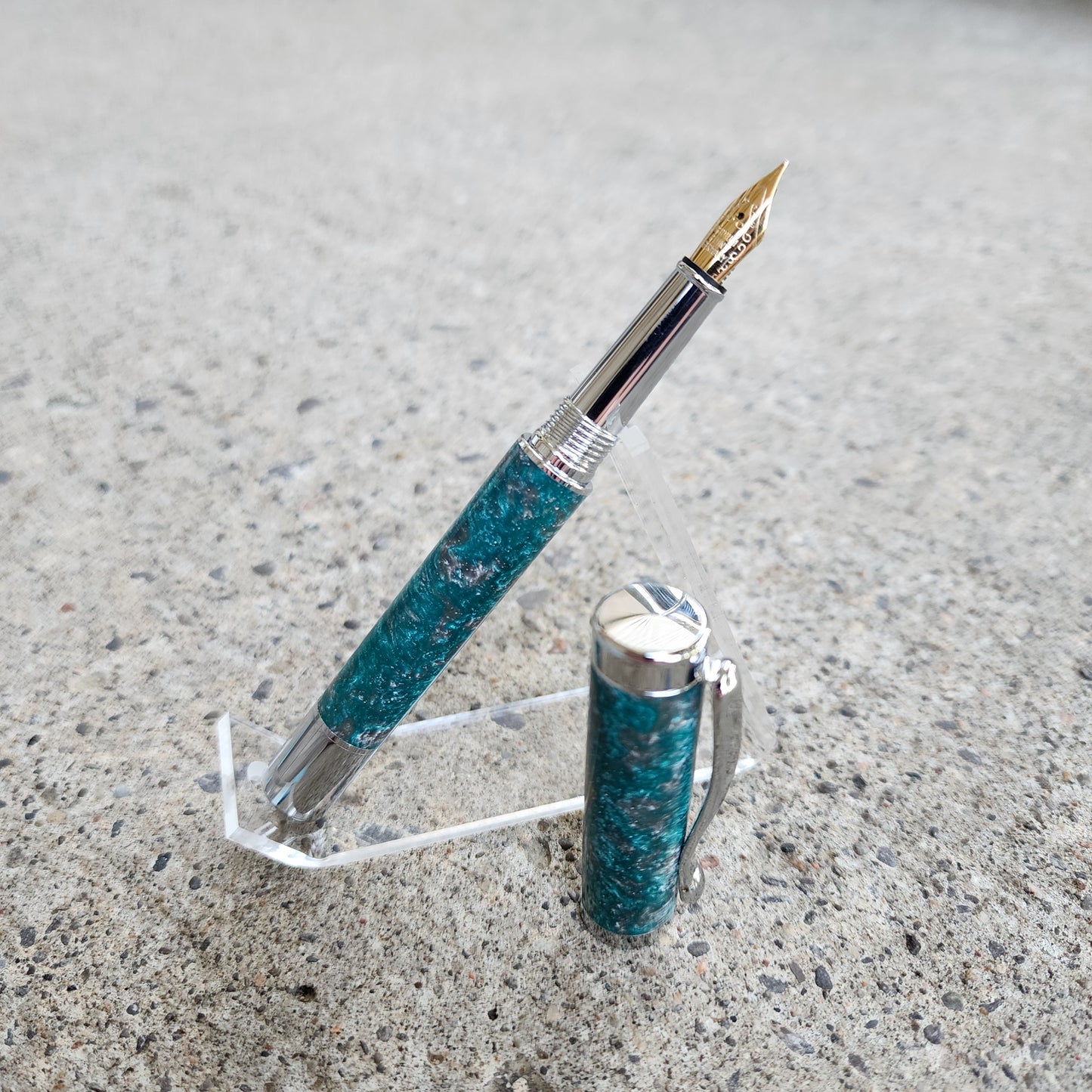 Custom Hand Turned Fountain Pen - Teal/Silver