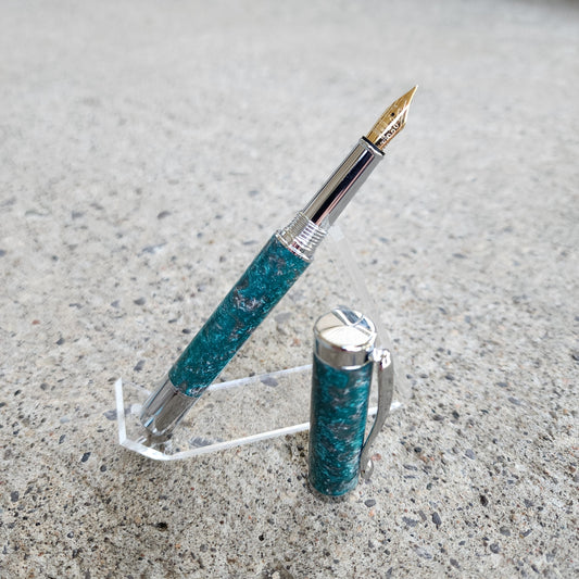Custom Hand Turned Fountain Pen - Teal/Silver