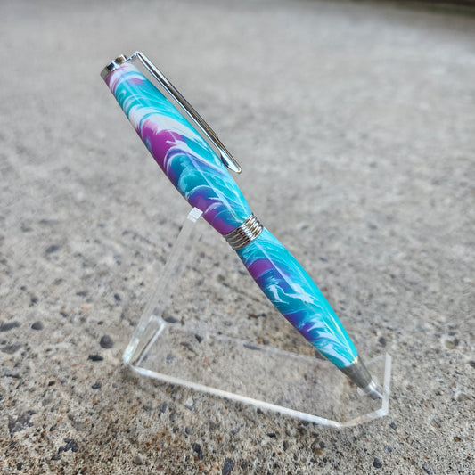 Custom Hand Turned Ballpoint Pen - Teal/White/Purple