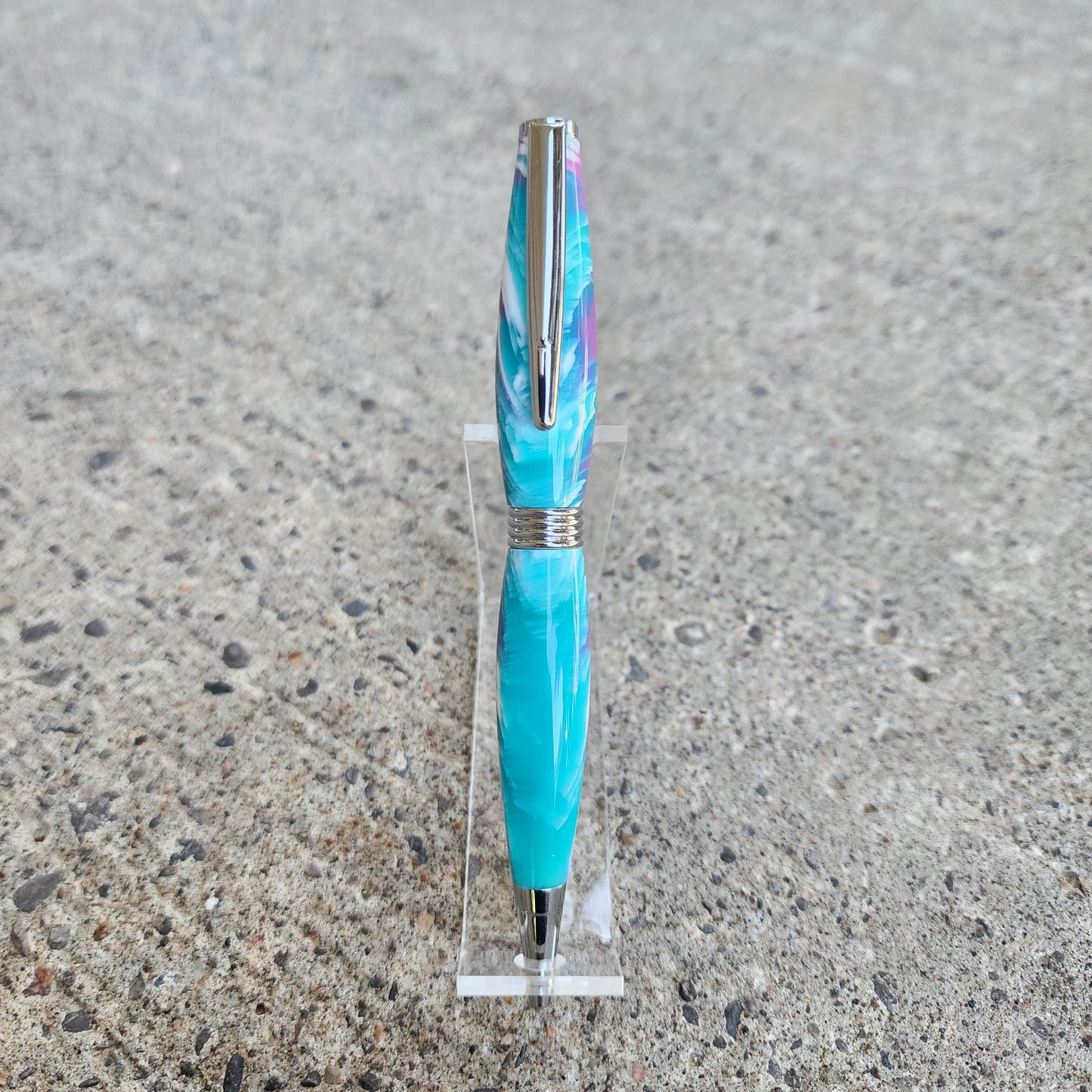 Custom Hand Turned Ballpoint Pen - Teal/White/Purple