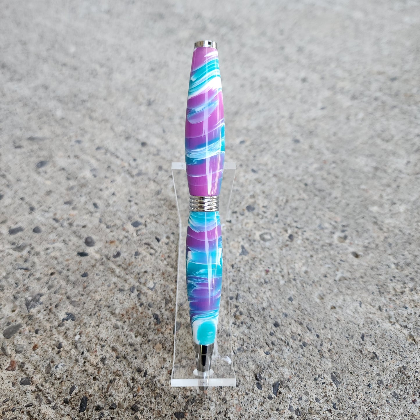 Custom Hand Turned Ballpoint Pen - Teal/White/Purple