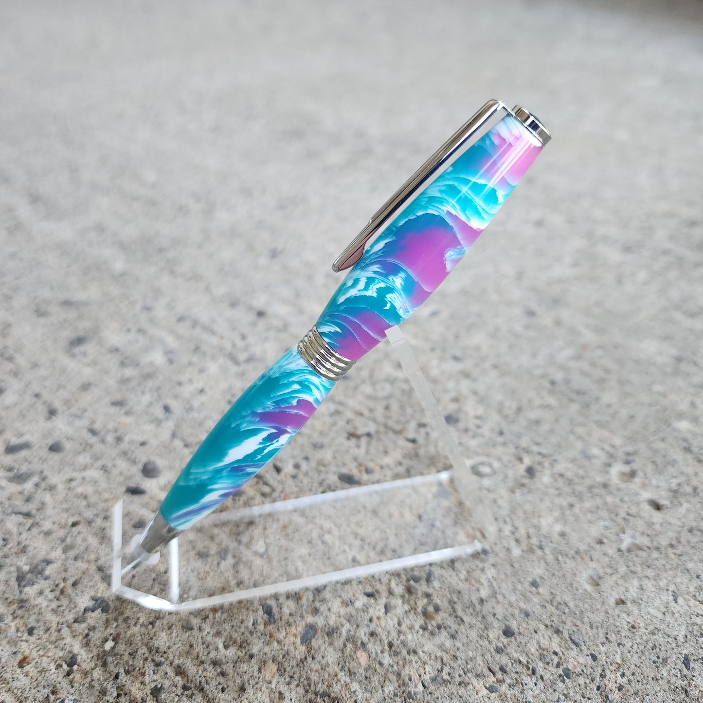 Custom Hand Turned Ballpoint Pen - Teal/White/Purple