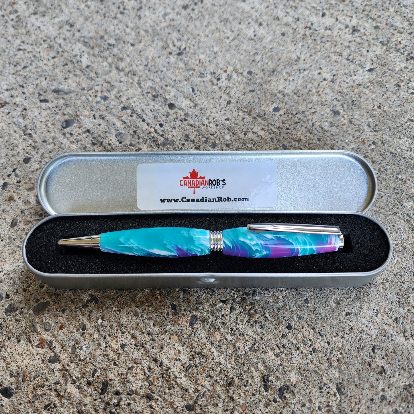 Custom Hand Turned Ballpoint Pen - Teal/White/Purple